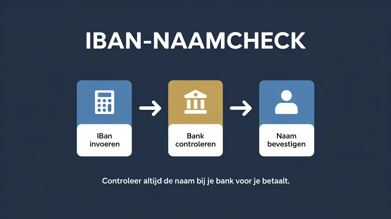 Infographic: IBAN-naamcheck in drie stappen - IBAN invoeren, bank controleren, naam bevestigen