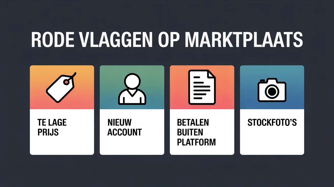 Rode vlaggen op Marktplaats: te lage prijs, nieuw account, betalen buiten platform, stockfoto's