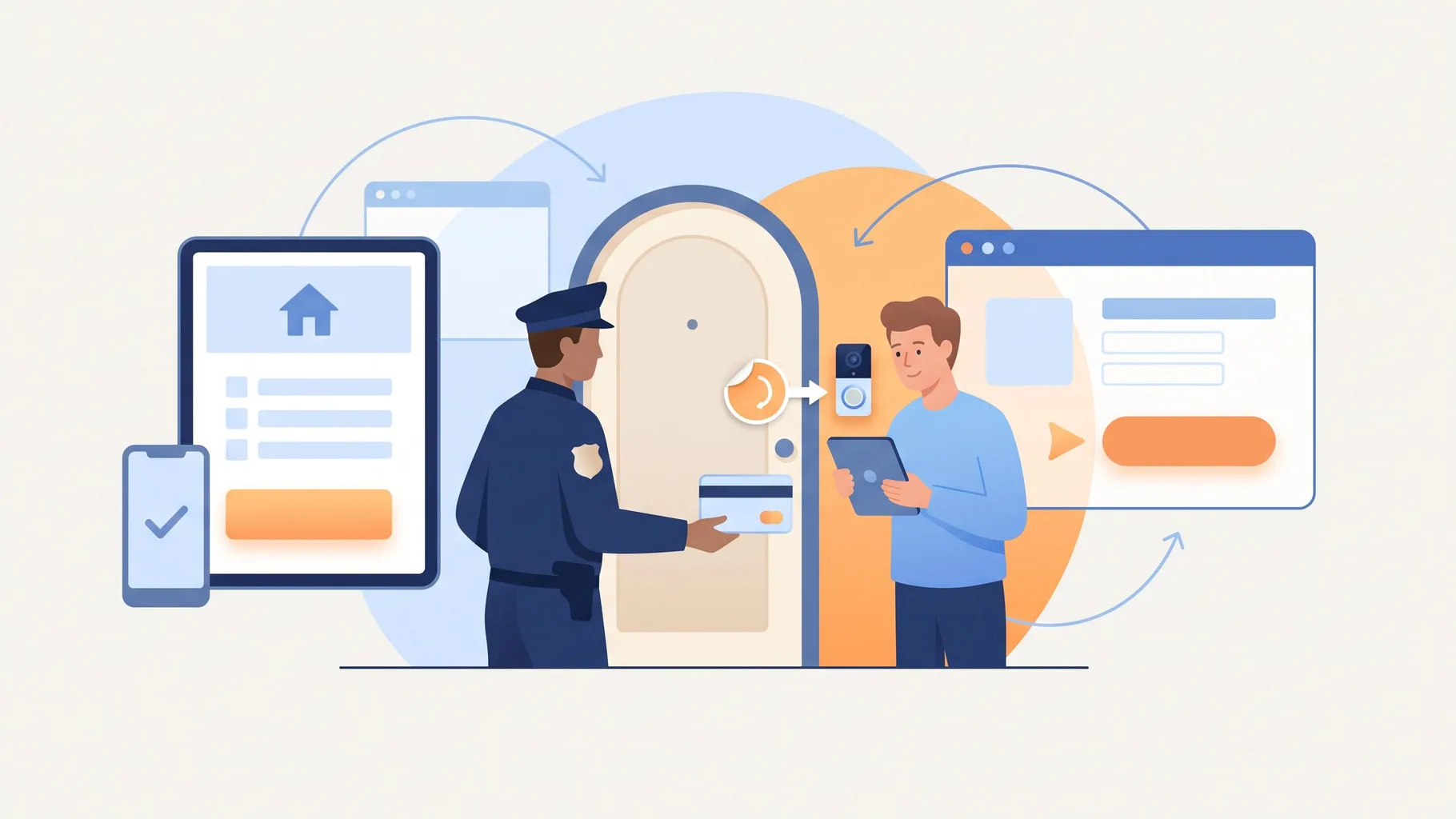 Illustratie van een nepagent aan de voordeur die om een bankpas vraagt, naast een deurbelsticker met een waarschuwingstekst