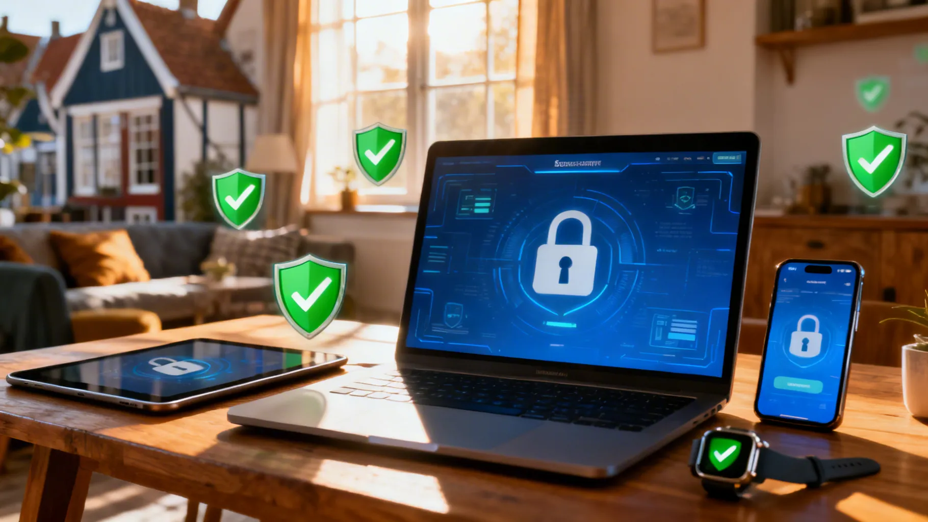 Illustratie van een digitaal schild met tien beveiligingspictogrammen eromheen