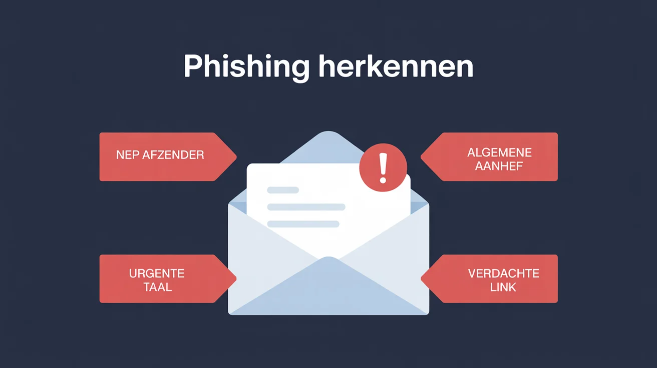 Infographic: phishing herkennen aan nep afzender, algemene aanhef, urgente taal en verdachte link