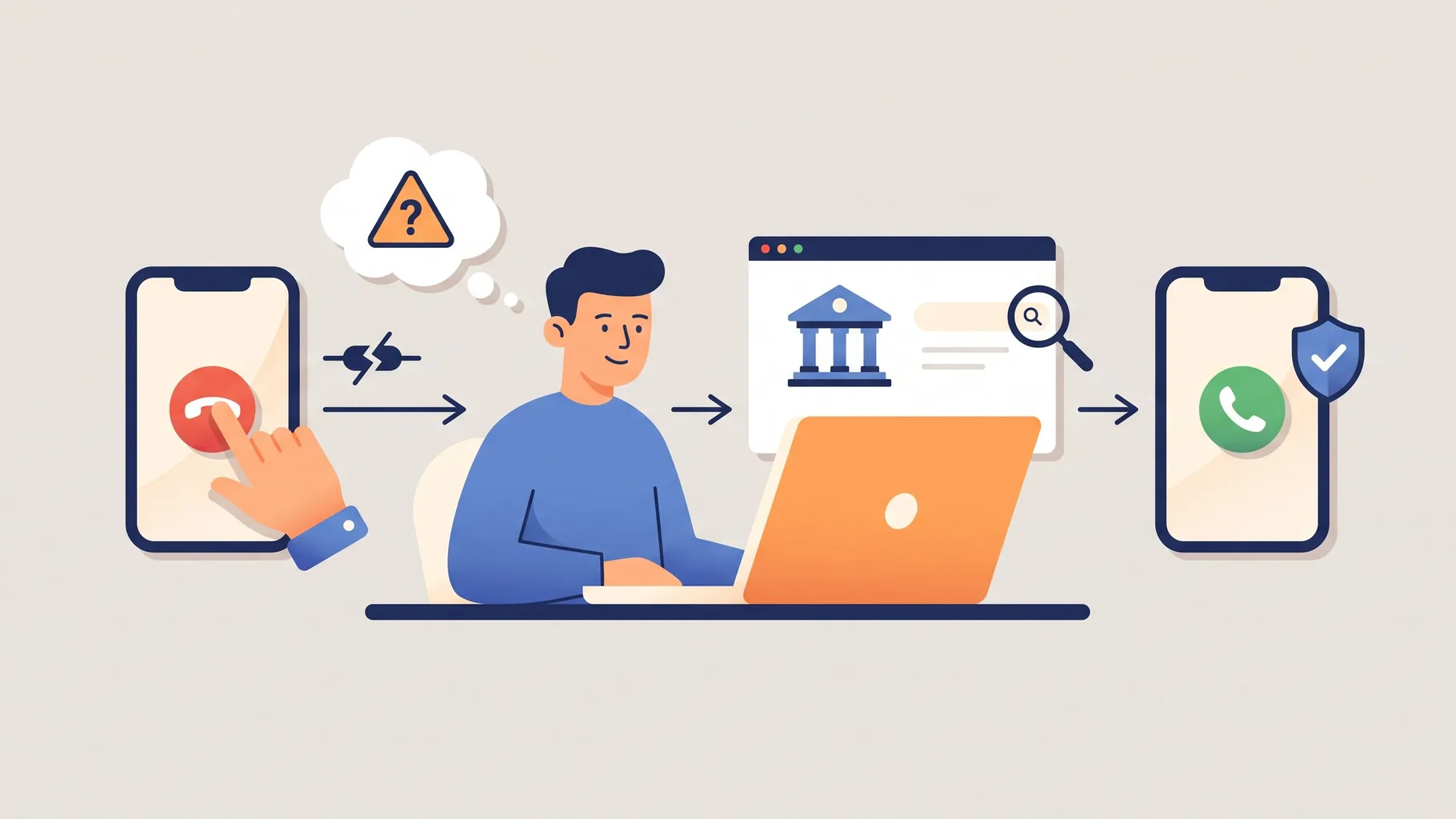 Illustratie van iemand die tijdens een telefoongesprek ophangt en zelf het officiële nummer van een bank opzoekt voordat hij terugbelt.