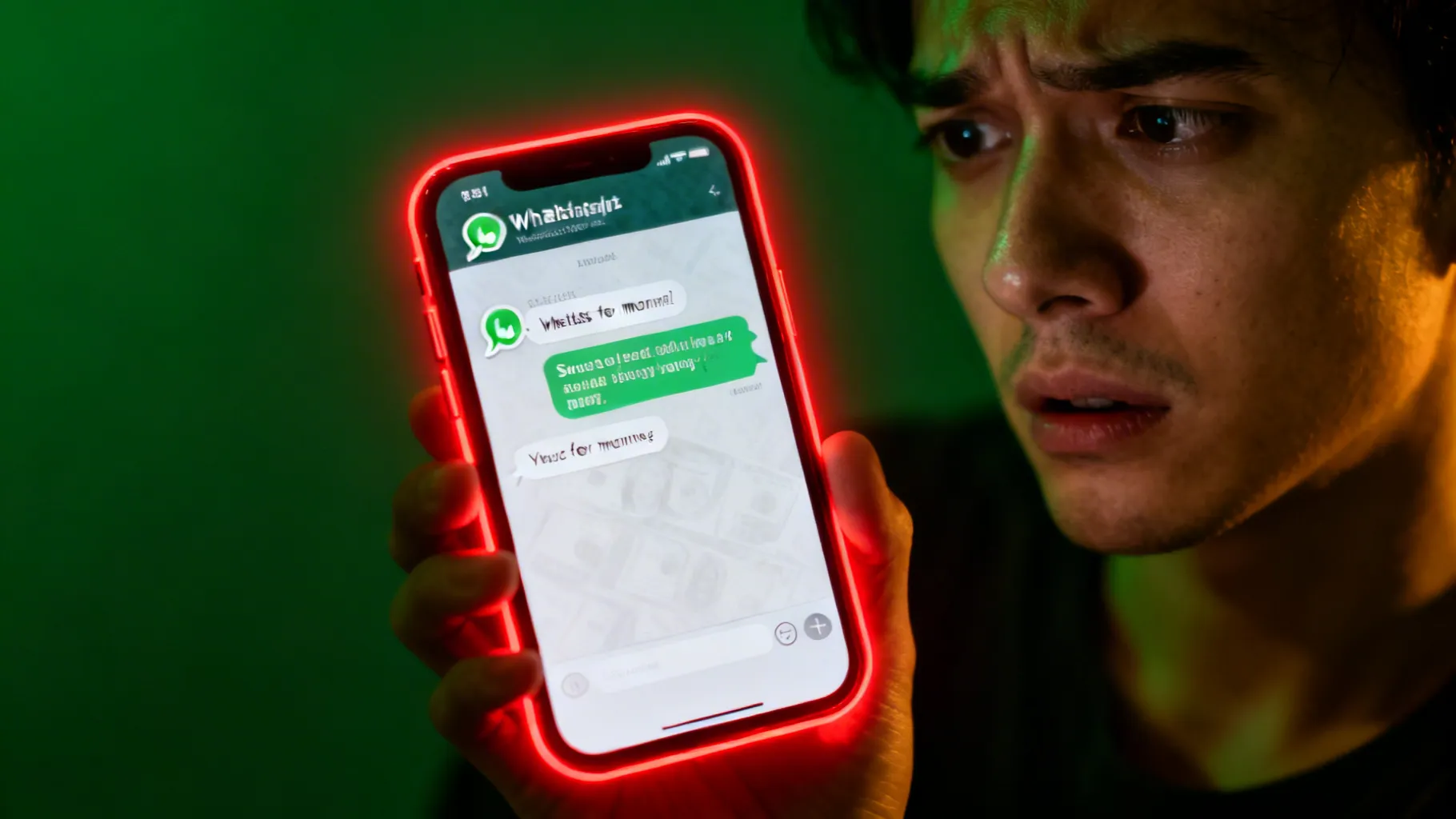 Telefoon met WhatsApp-berichten en waarschuwingssymbolen voor fraude